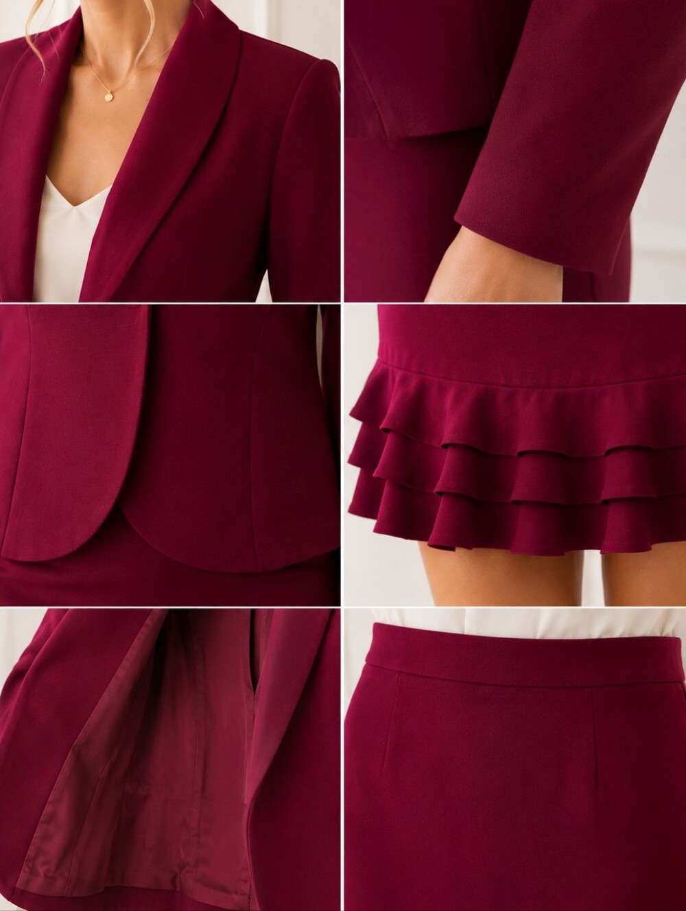 Bloomingdale's Size 14 Berry Skirt Suit | Shawl Collar Blazer & Ruffle Hem Skirt - Picture 4 of 10